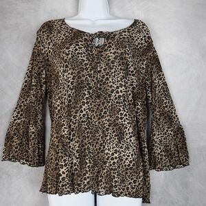 Vintage Y2K Leopard Tunic Top Womens 3XL Brown Sheer Bell Sleeve Keyhole Whimsy